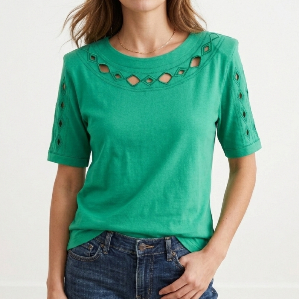 Sz S 100% Cotton Jacques & Daniel by Montparnasse Green Tee Embroidered Neckline